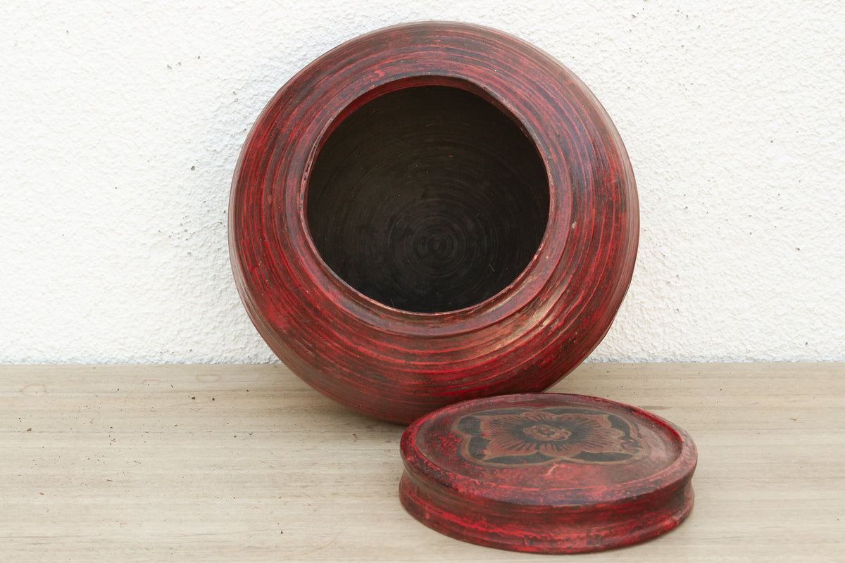 Antique Red Floral Burmese Vessel