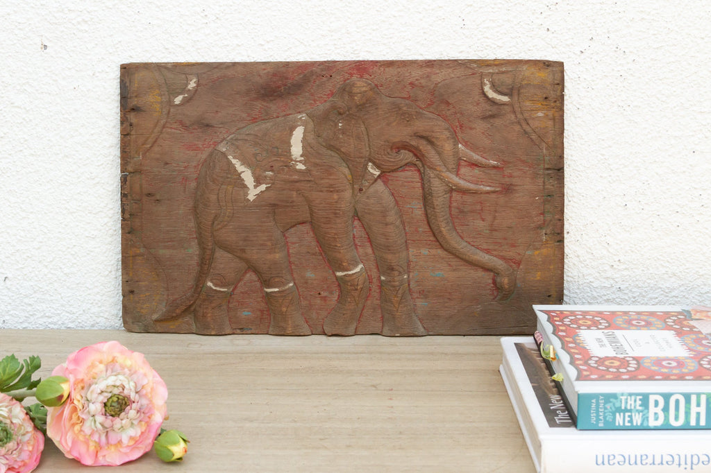 Rustic Thai Elephant Carved Panel