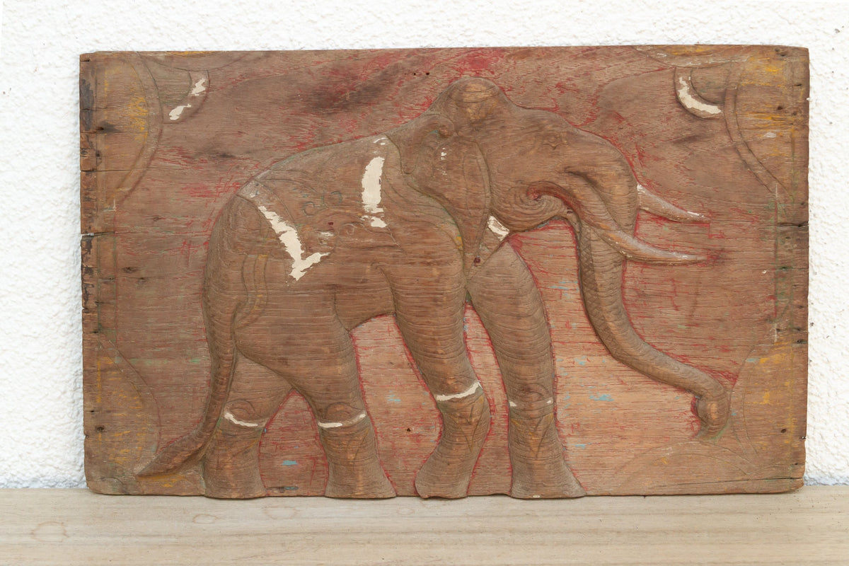Rustic Thai Elephant Carved Panel