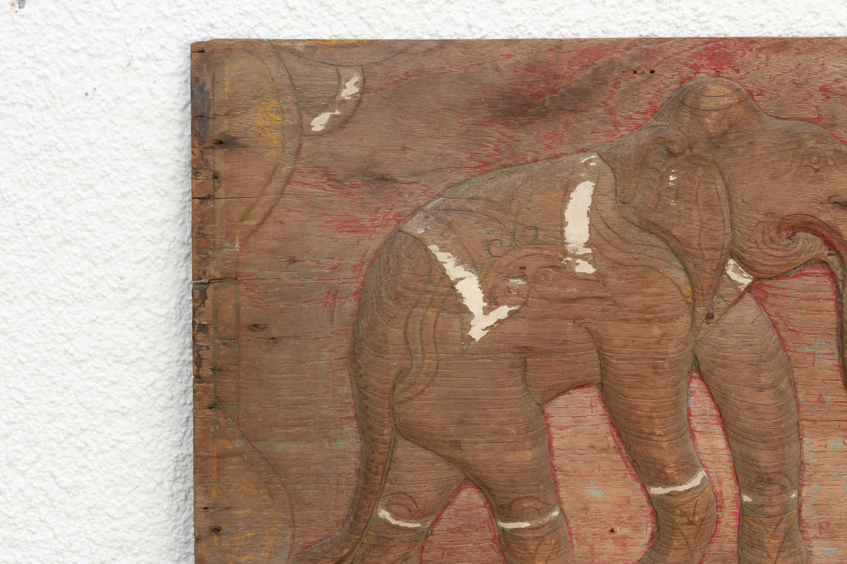 Rustic Thai Elephant Carved Panel