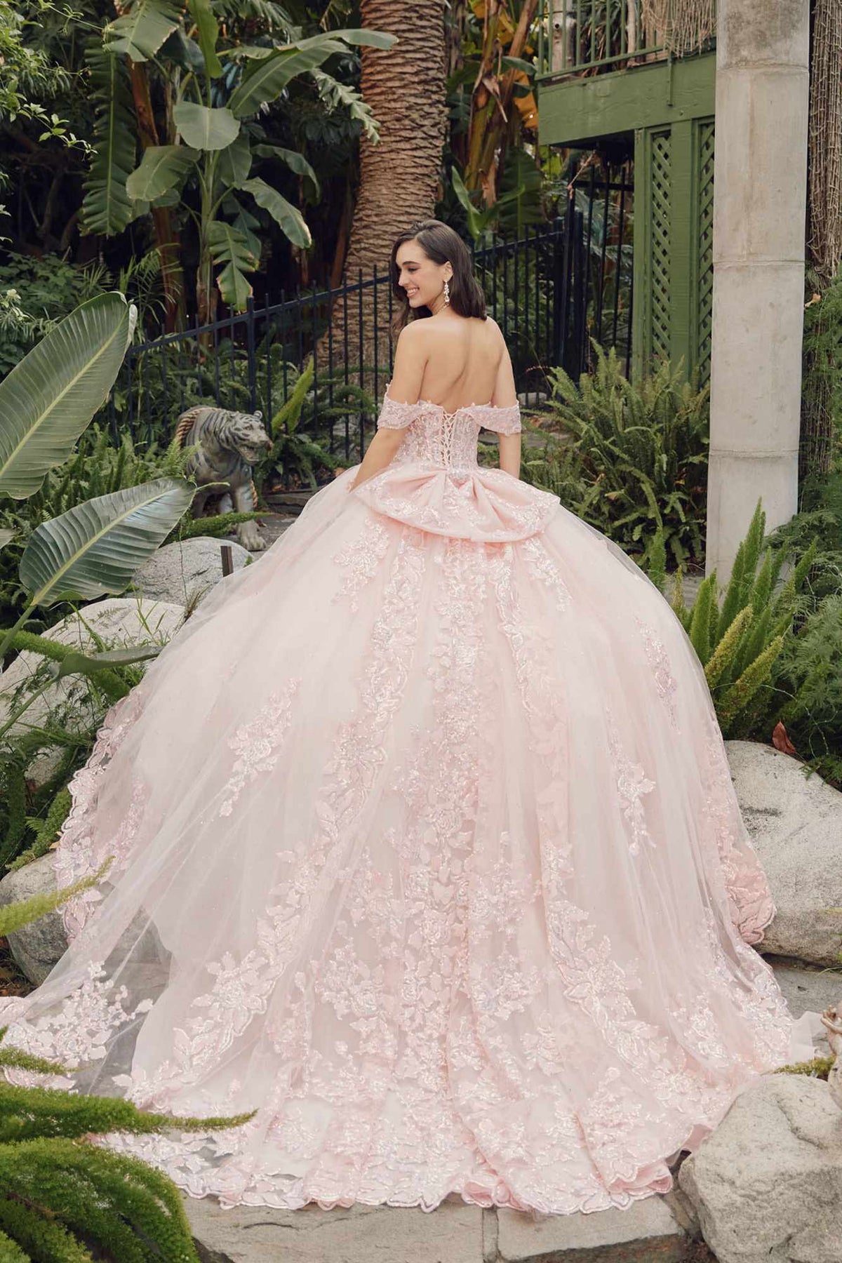 Juliet JT1458J Off the Shoulder Draped Sleeve Cathedral Train Quince Dress