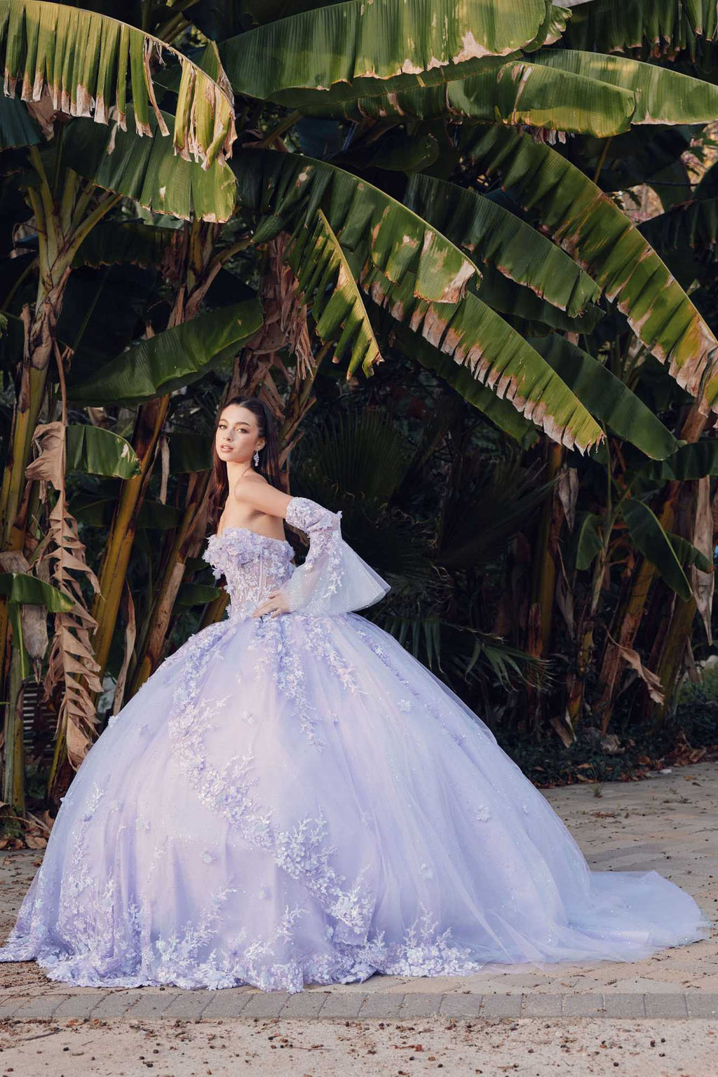 Juliet JT1459J Princess Ball Gown Strapless Bell Sleeves Quinceanera Dress
