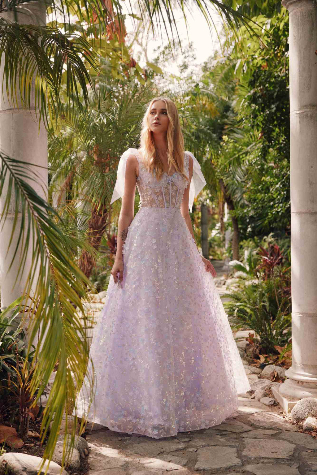 Juliet JT2439K Long 3D Floral Glitter Print Sleeveless A-line Gown