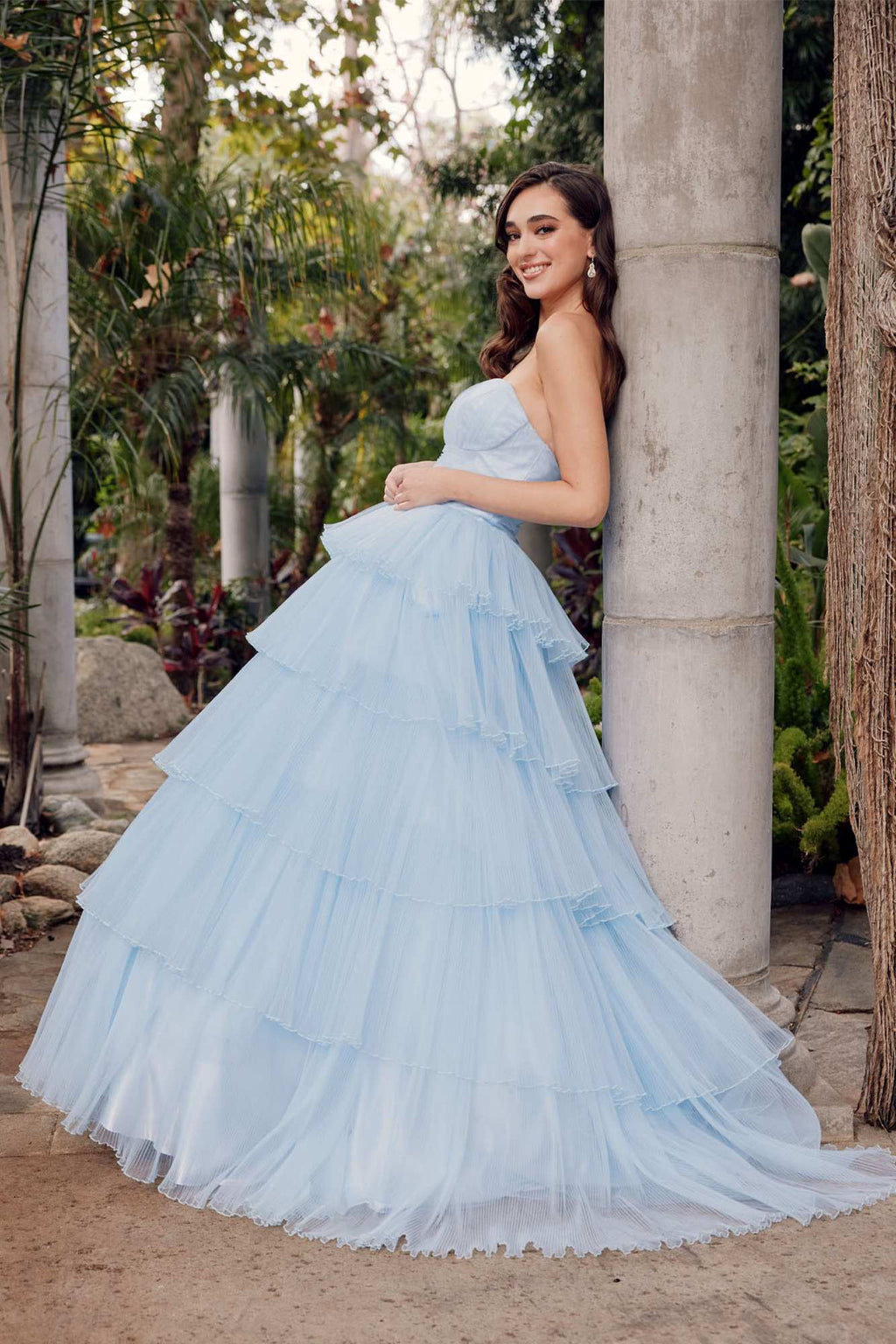 Juliet JT2452K Long Pleated Strapless Tiered Ruffle Tulle A-Line Gown