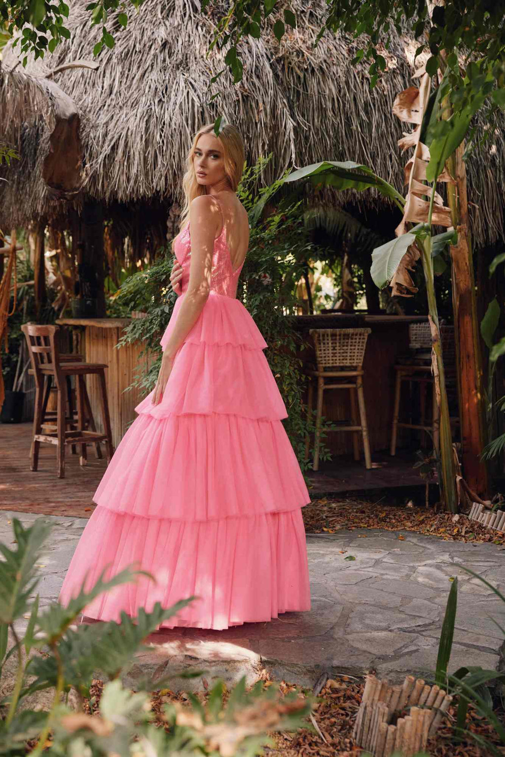 Juliet JT2457H Long Tiered Ruffled Tulle A-Line Sequin Bodice Dress