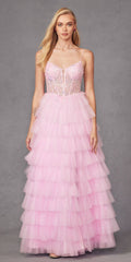 Juliet JT2458A Long Ruffle Tulle A-Line Ball Gown Bustier Bodice Thin Straps