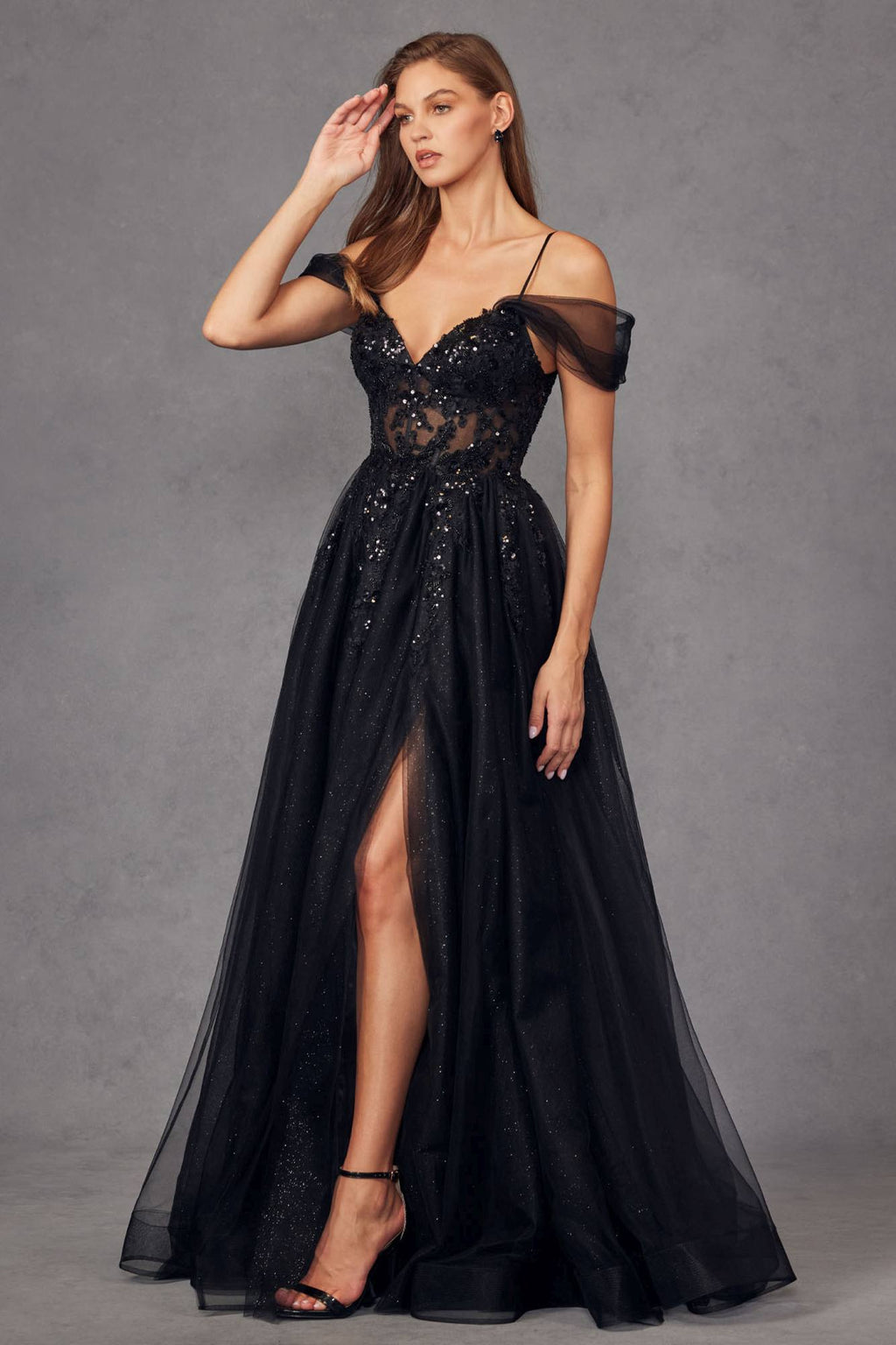 Juliet JT2466A Long Cold Shoulder Sweetheart Corset Bodice A-Line Gown