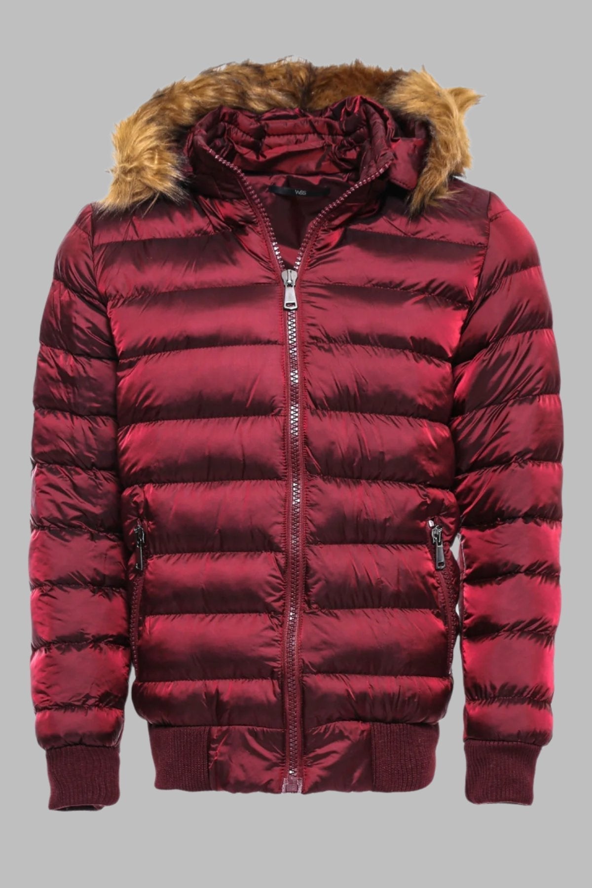 Fur Hooded Burgundy Men Down Coat - Wessi