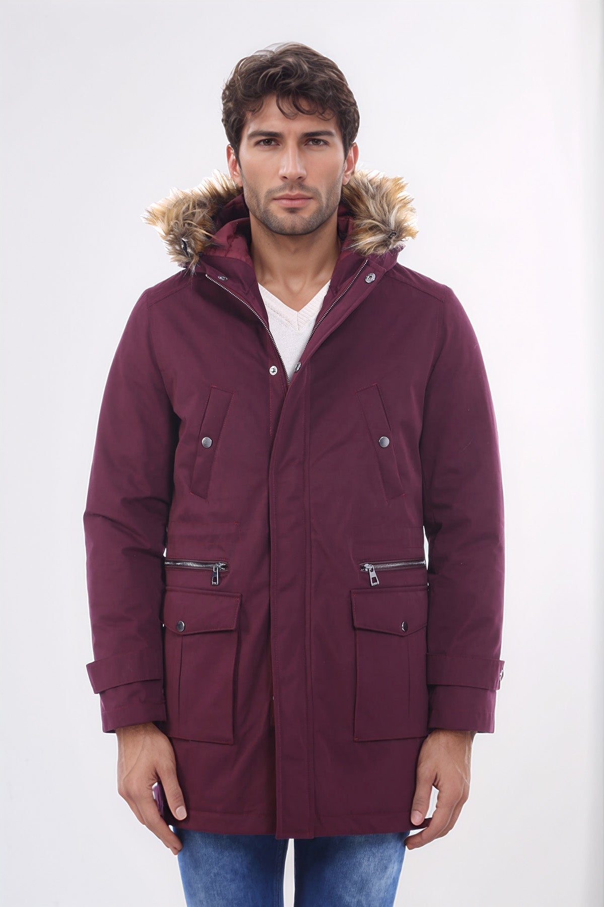 Fur Hooded Burgundy Men Coat - Wessi