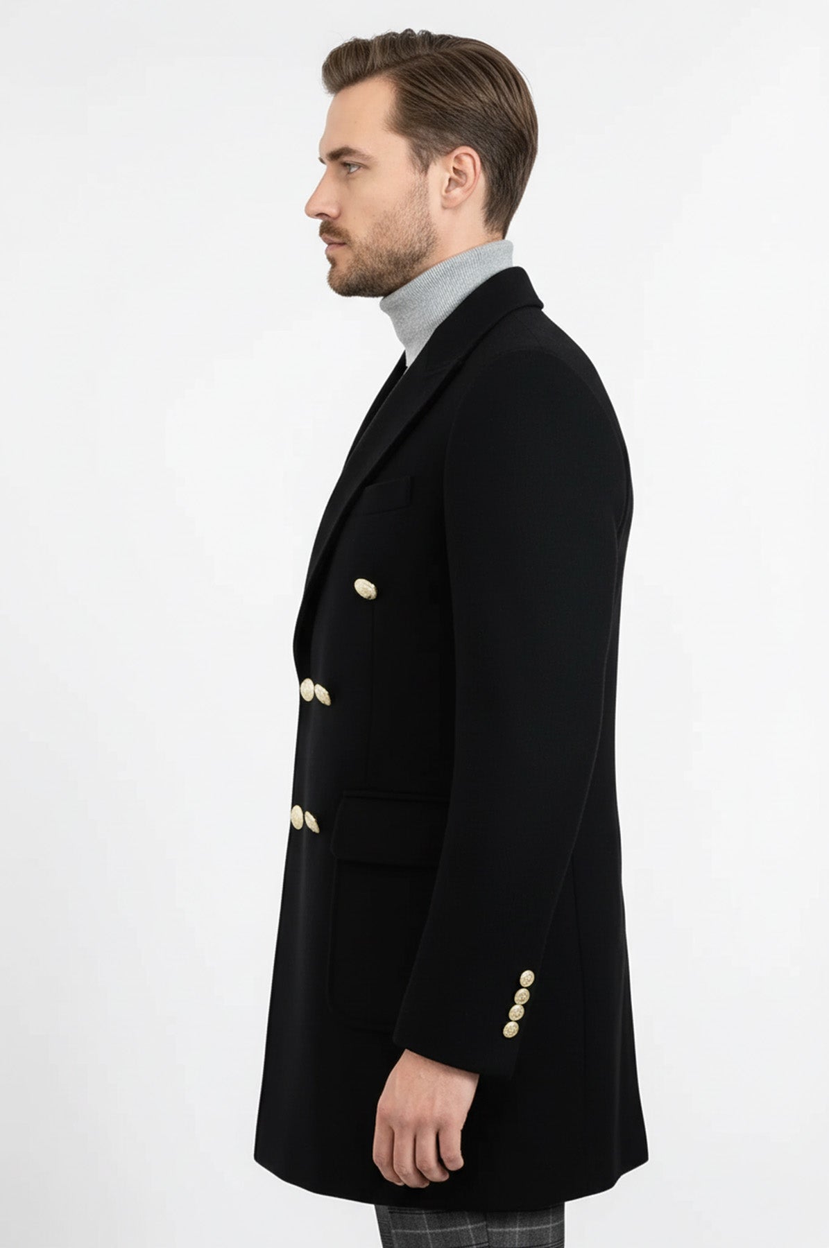 Metal Buttoned Double Breasted Black Men Long Coat - Wessi