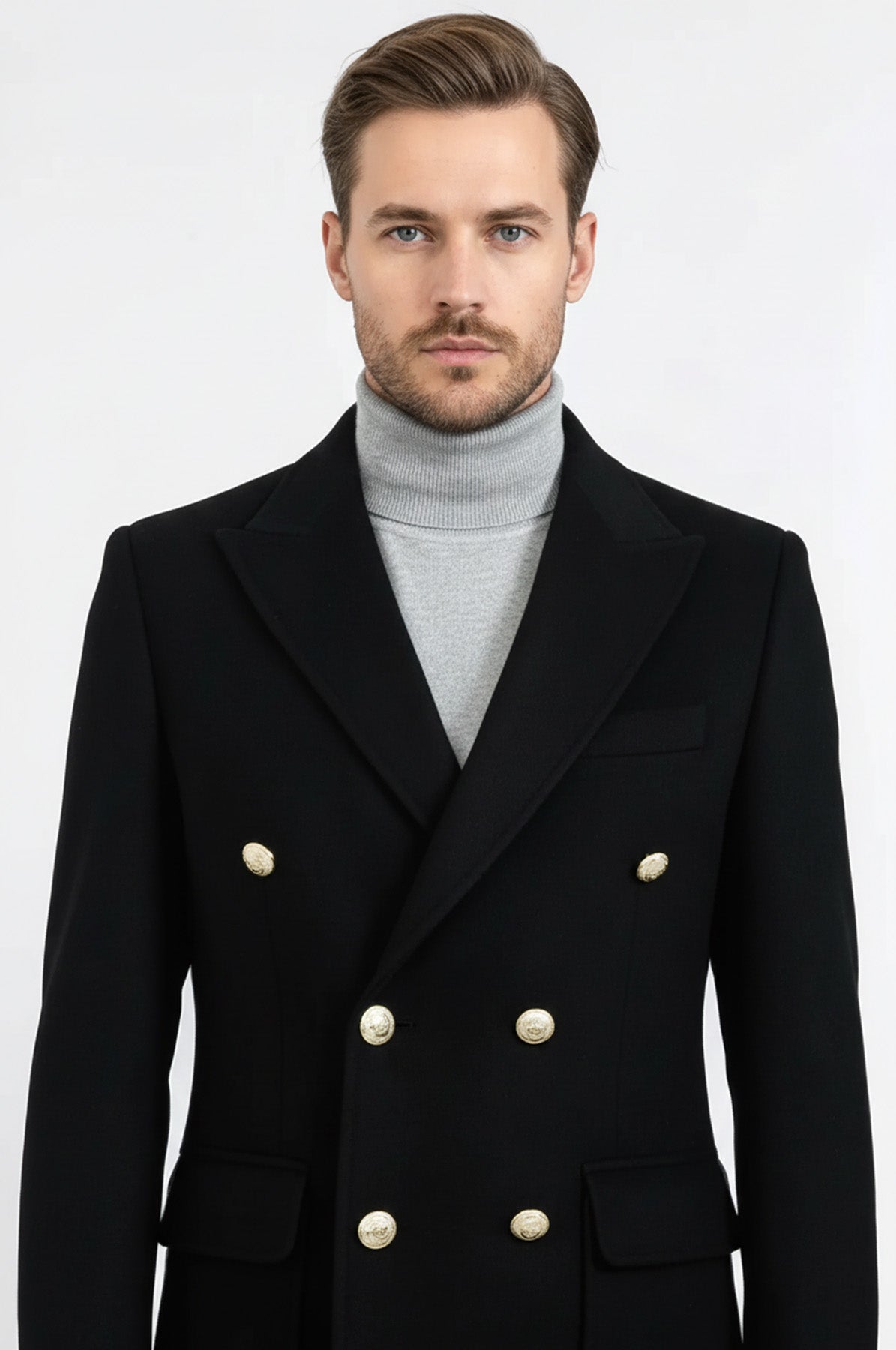 Metal Buttoned Double Breasted Black Men Long Coat - Wessi