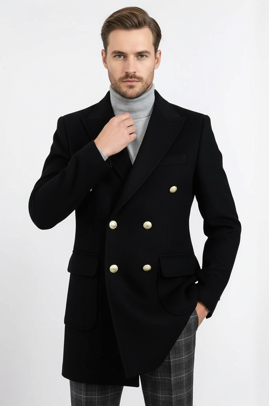 Metal Buttoned Double Breasted Black Men Long Coat - Wessi