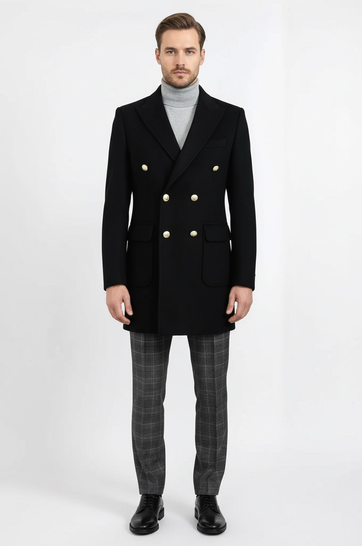 Metal Buttoned Double Breasted Black Men Long Coat - Wessi