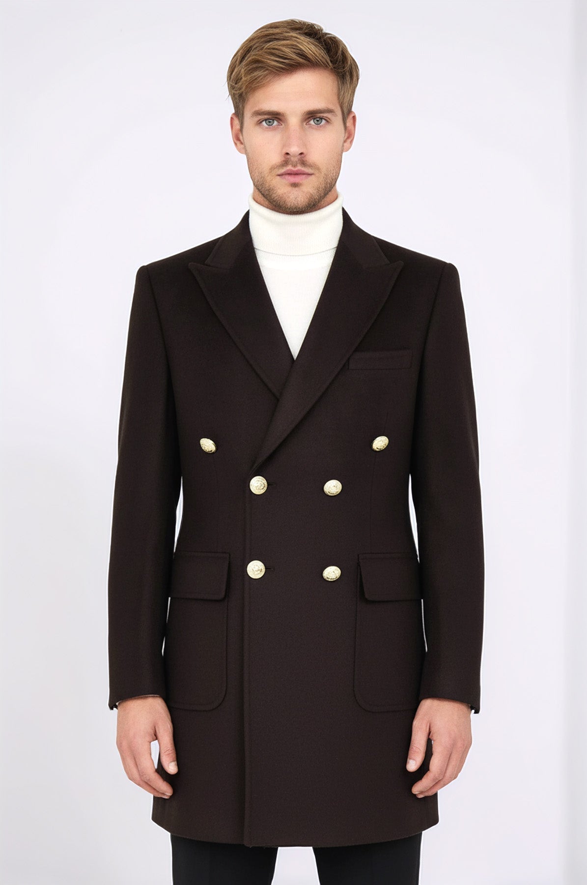 Brown Metal Buttoned Double Breasted Long Coat - Wessi