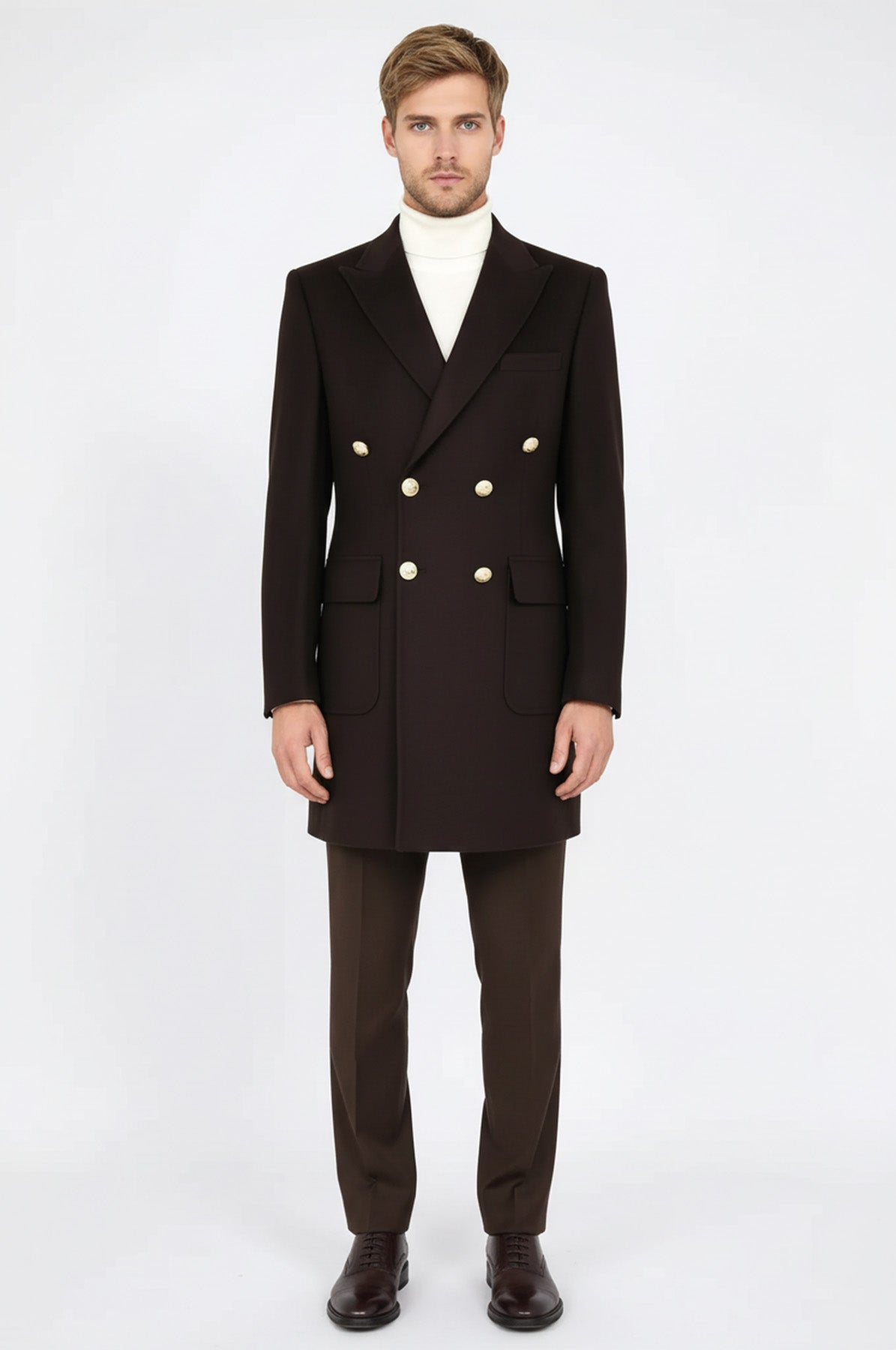 Brown Metal Buttoned Double Breasted Long Coat - Wessi
