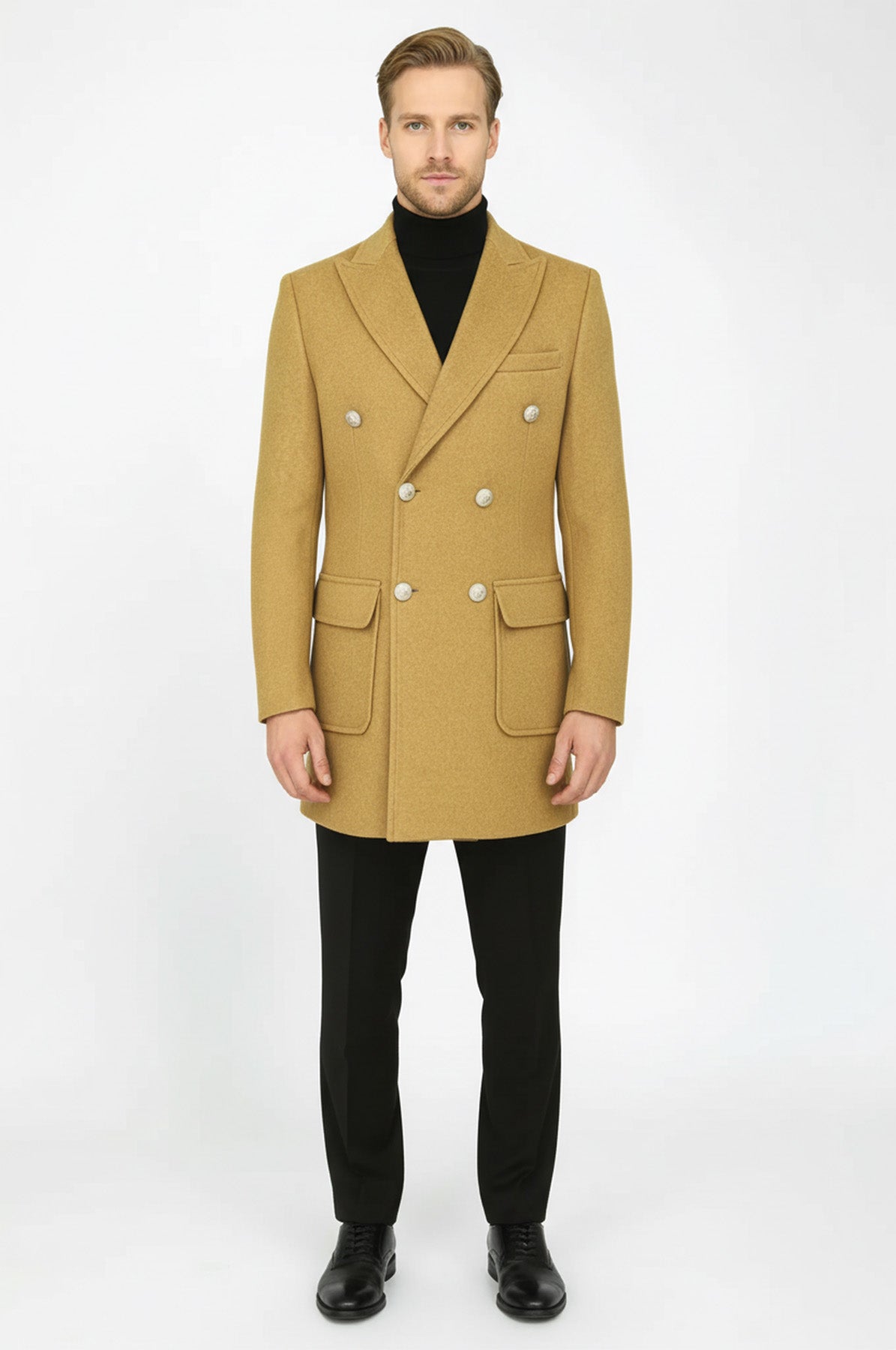 Metal Buttons Wool Cashmere Tan Men Double Breasted Coat - Wessi