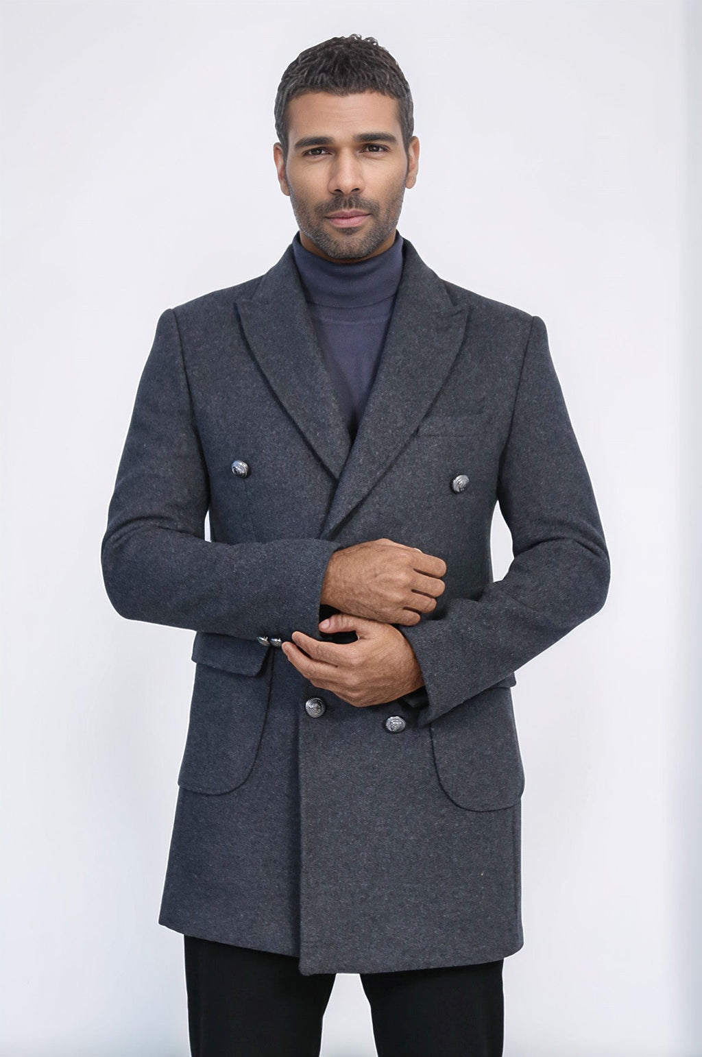 Dark Grey Metal Buttoned Double Breasted Long Coat - Wessi