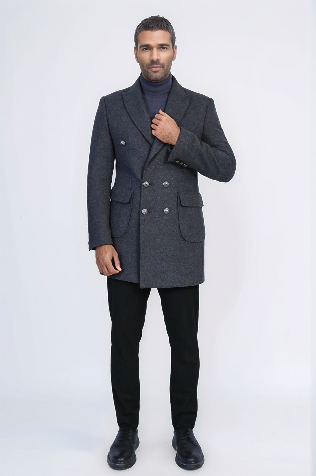 Dark Grey Metal Buttoned Double Breasted Long Coat - Wessi