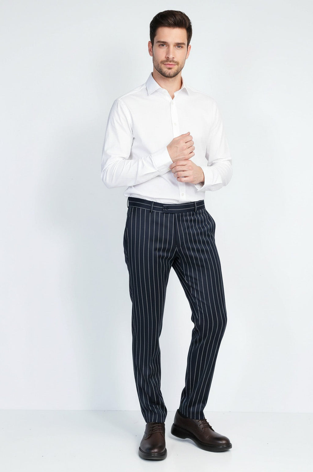 Navy White Pinstripe Slim Fit Dress Trousers – Wessi