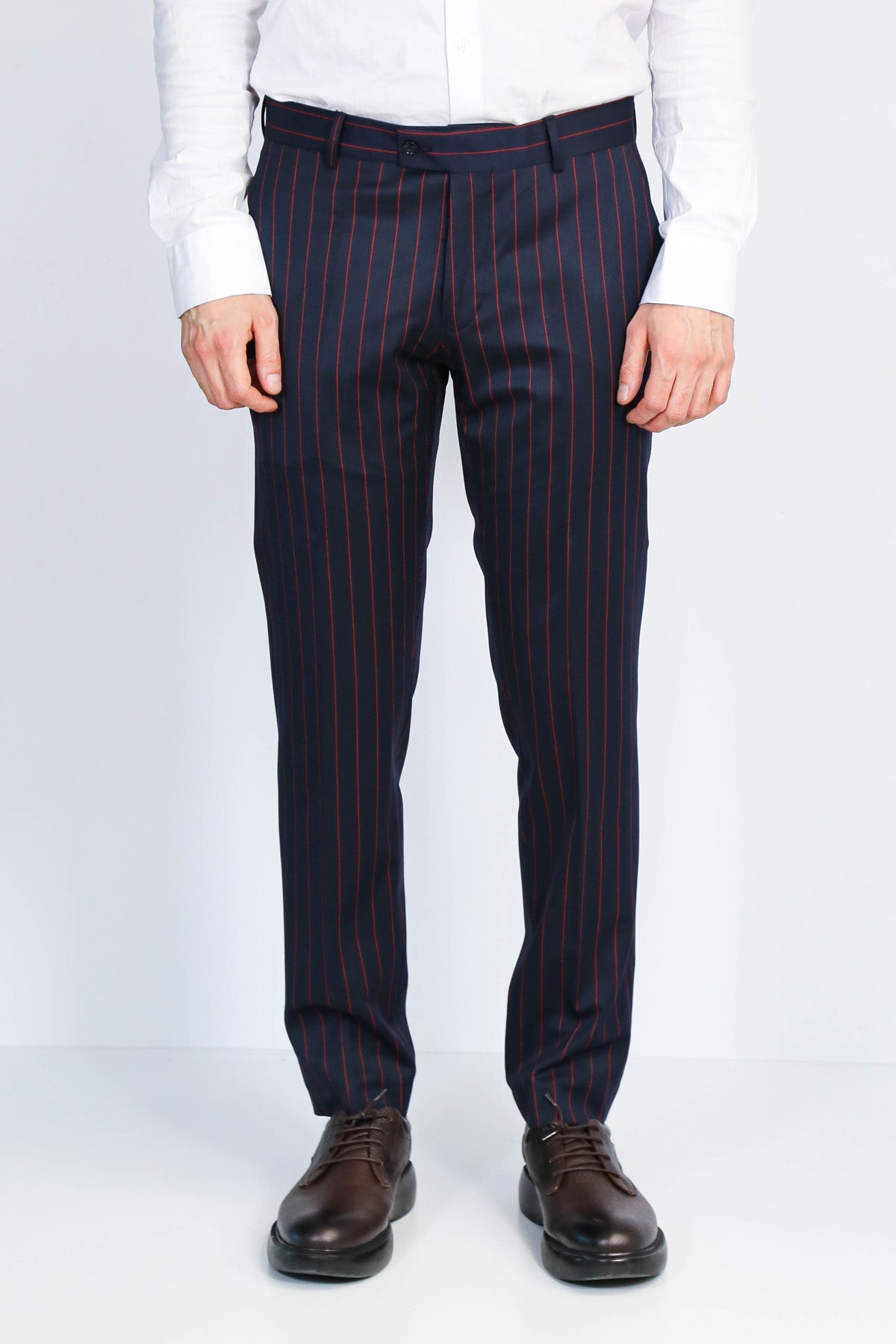 Navy Red Pinstripe Slim Fit Dress Trousers – Wessi