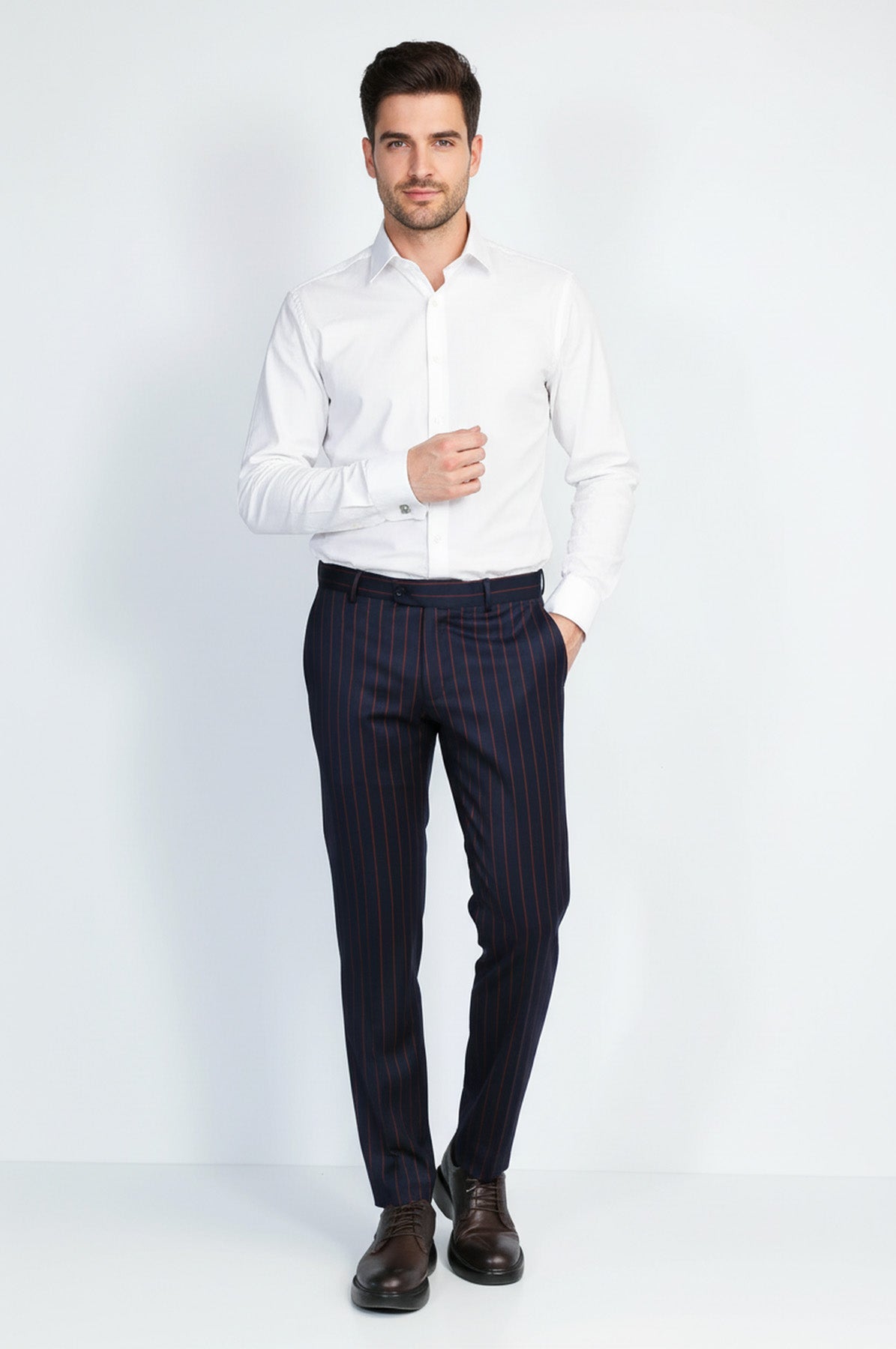 Navy Red Pinstripe Slim Fit Dress Trousers – Wessi