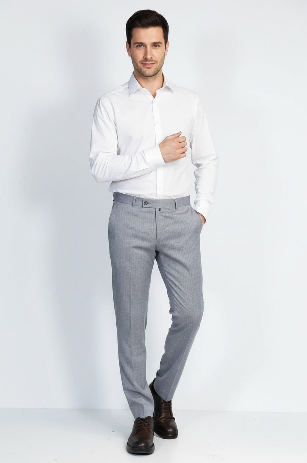 Light Grey Micro Patterned Slim Fit Dress Trousers – Wessi