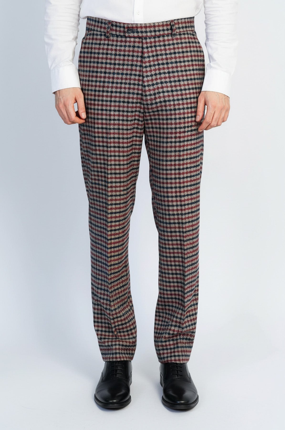 Navy  Burgundy Checkered Fabric Trousers – Wessi