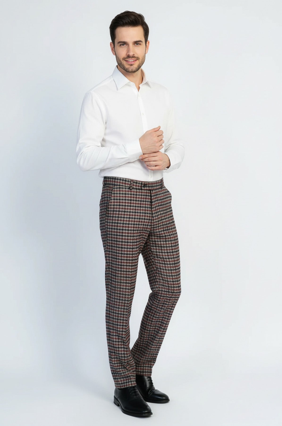 Navy  Burgundy Checkered Fabric Trousers – Wessi