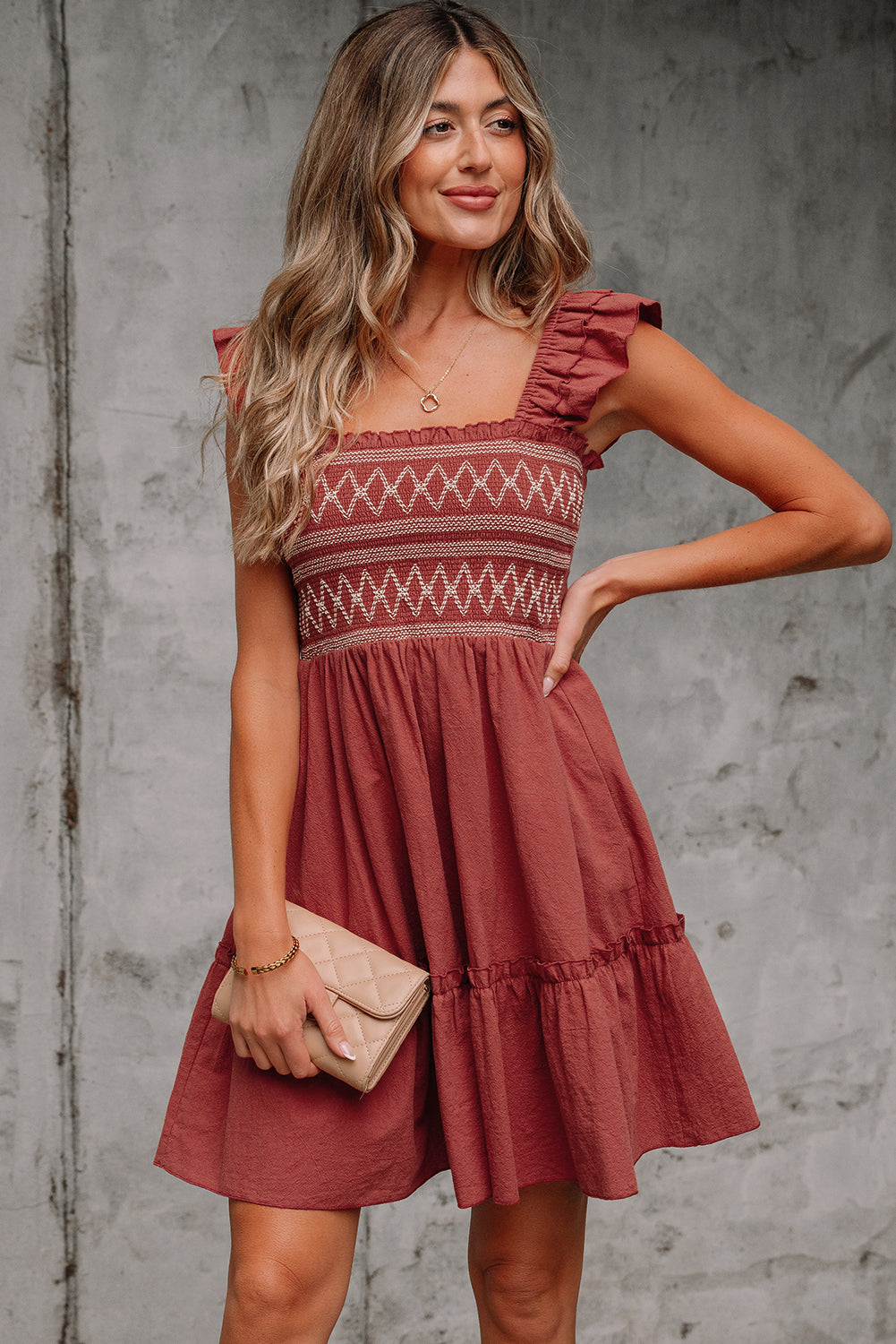 JudyAnn - Red Sandalwood Geometric Stitch Shirred Bodice Ruffled Trim Sleeveless Mini Dress