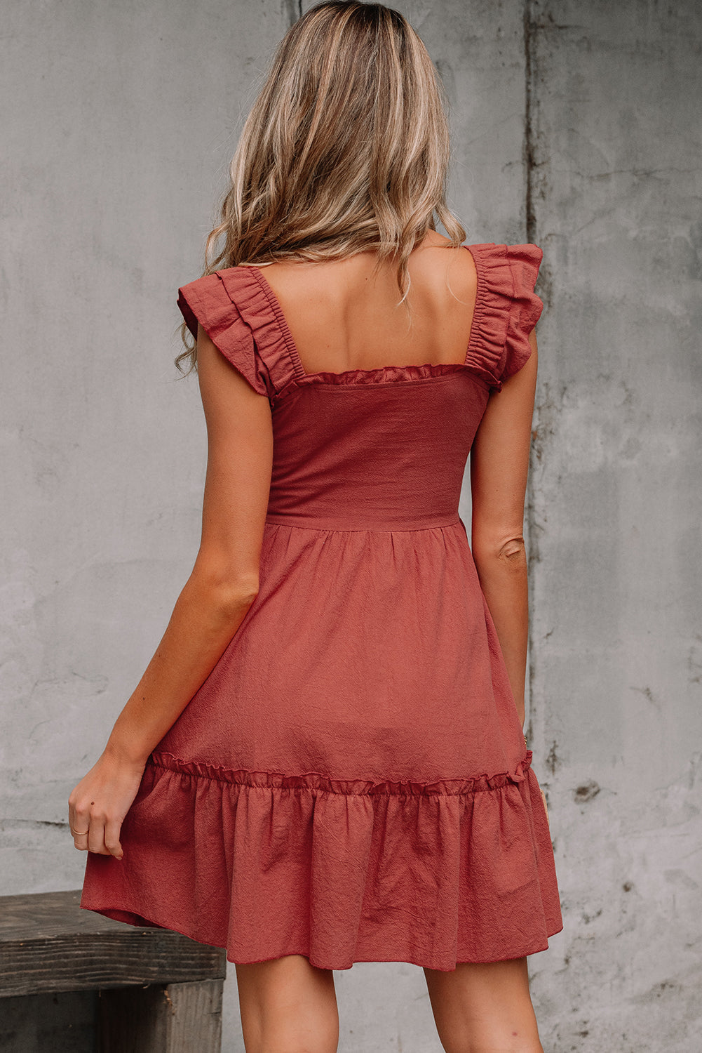 JudyAnn - Red Sandalwood Geometric Stitch Shirred Bodice Ruffled Trim Sleeveless Mini Dress