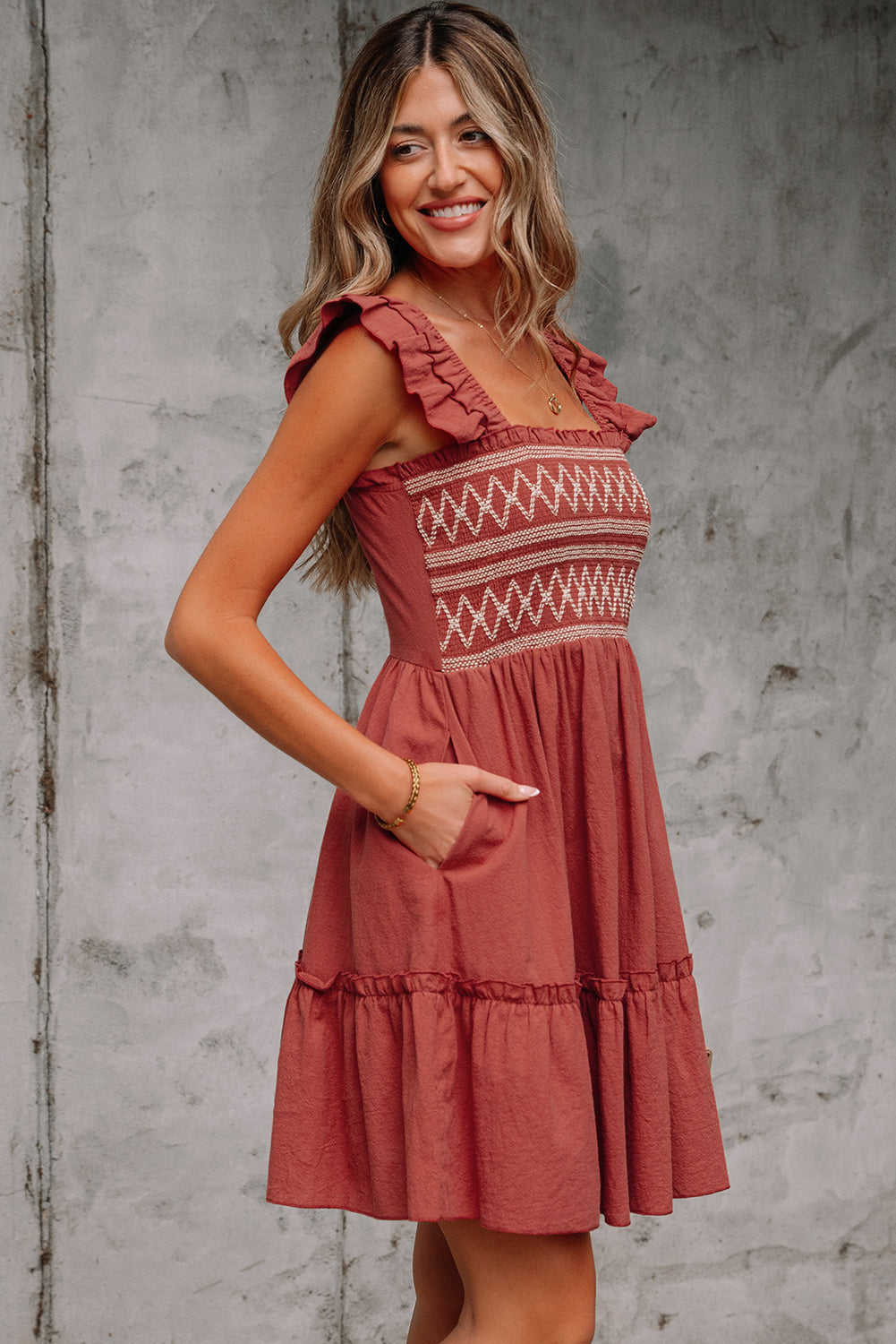 JudyAnn - Red Sandalwood Geometric Stitch Shirred Bodice Ruffled Trim Sleeveless Mini Dress