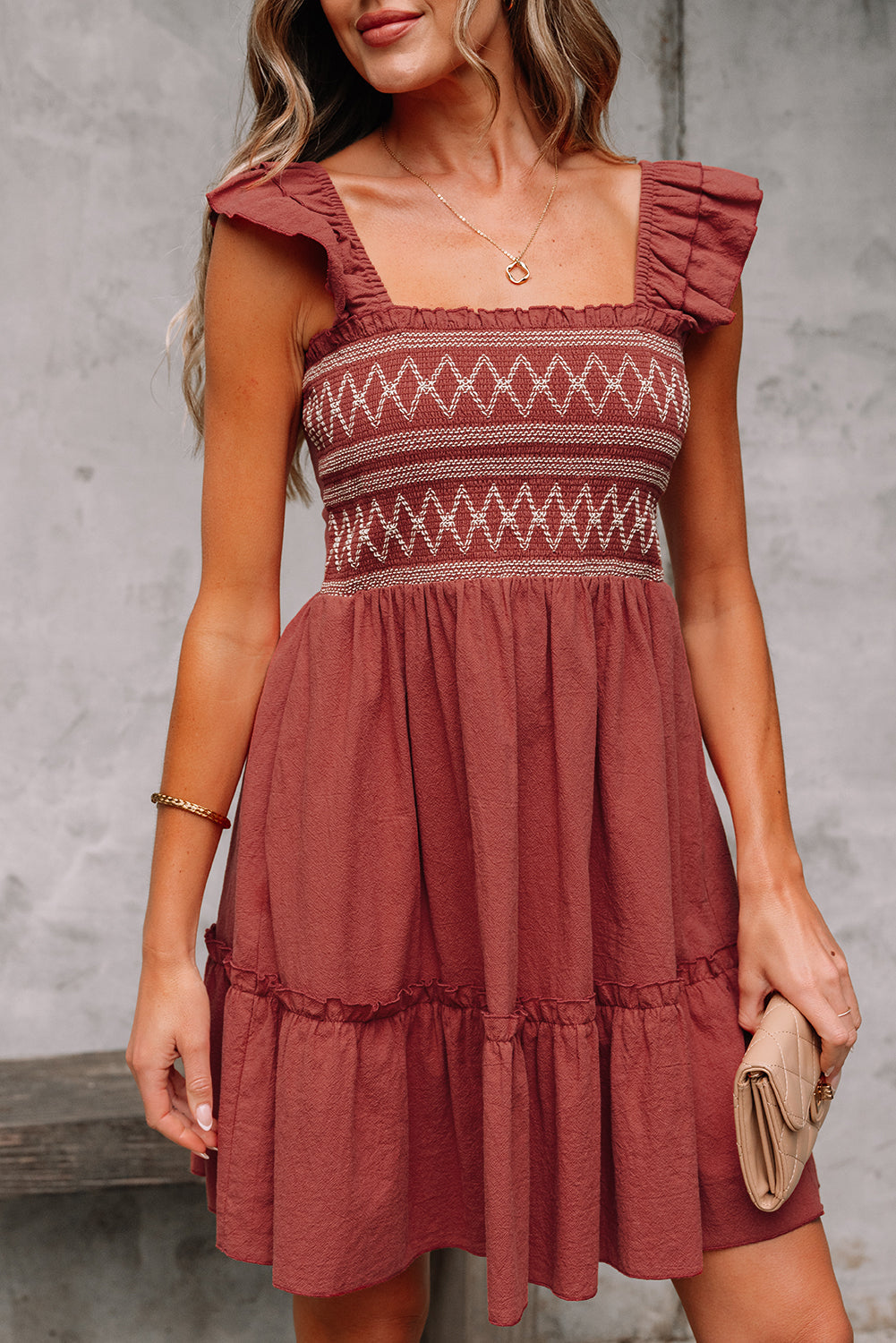 JudyAnn - Red Sandalwood Geometric Stitch Shirred Bodice Ruffled Trim Sleeveless Mini Dress