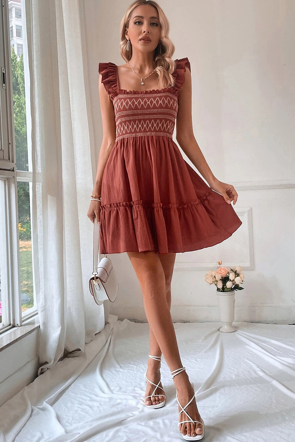 JudyAnn - Red Sandalwood Geometric Stitch Shirred Bodice Ruffled Trim Sleeveless Mini Dress