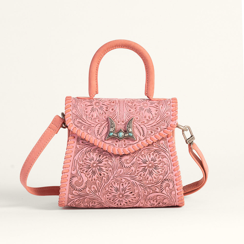 Loyal West Leon Mini Handle Purse - Pink Handtooled Leather & Calfskin