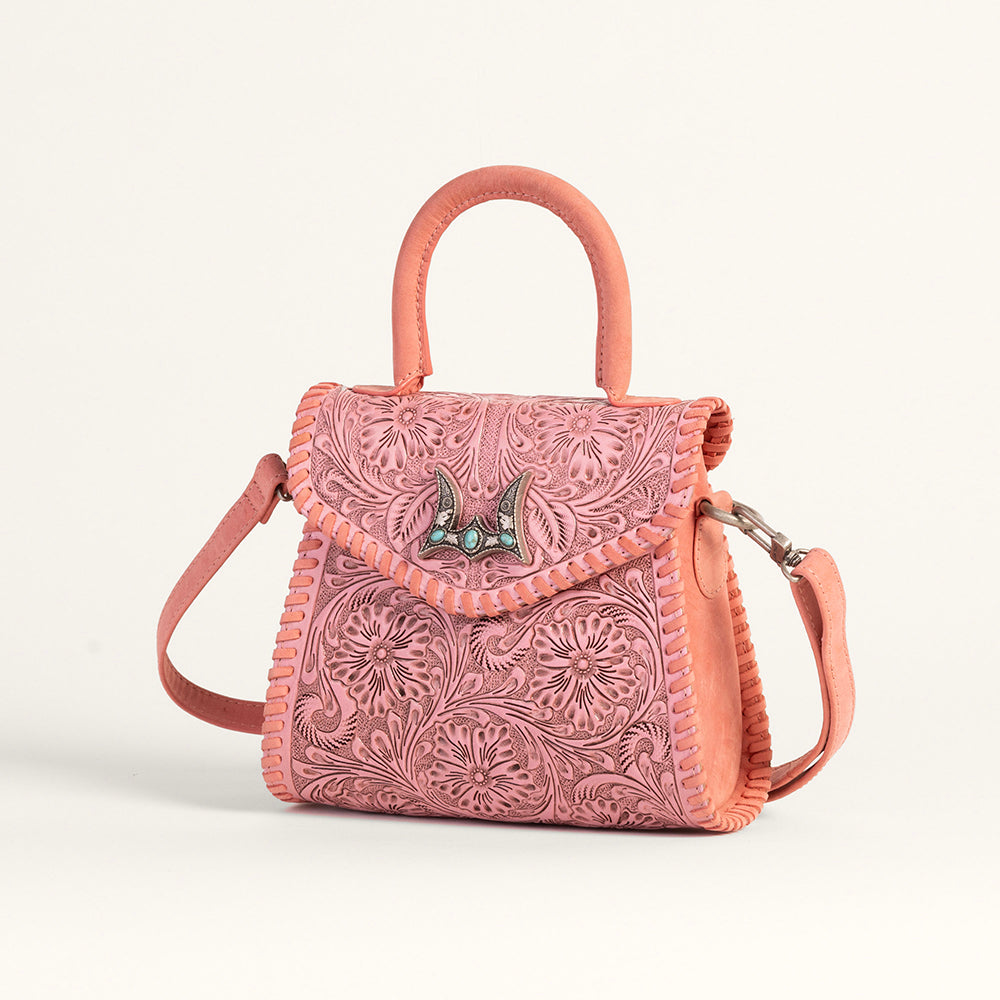 Loyal West Leon Mini Handle Purse - Pink Handtooled Leather & Calfskin