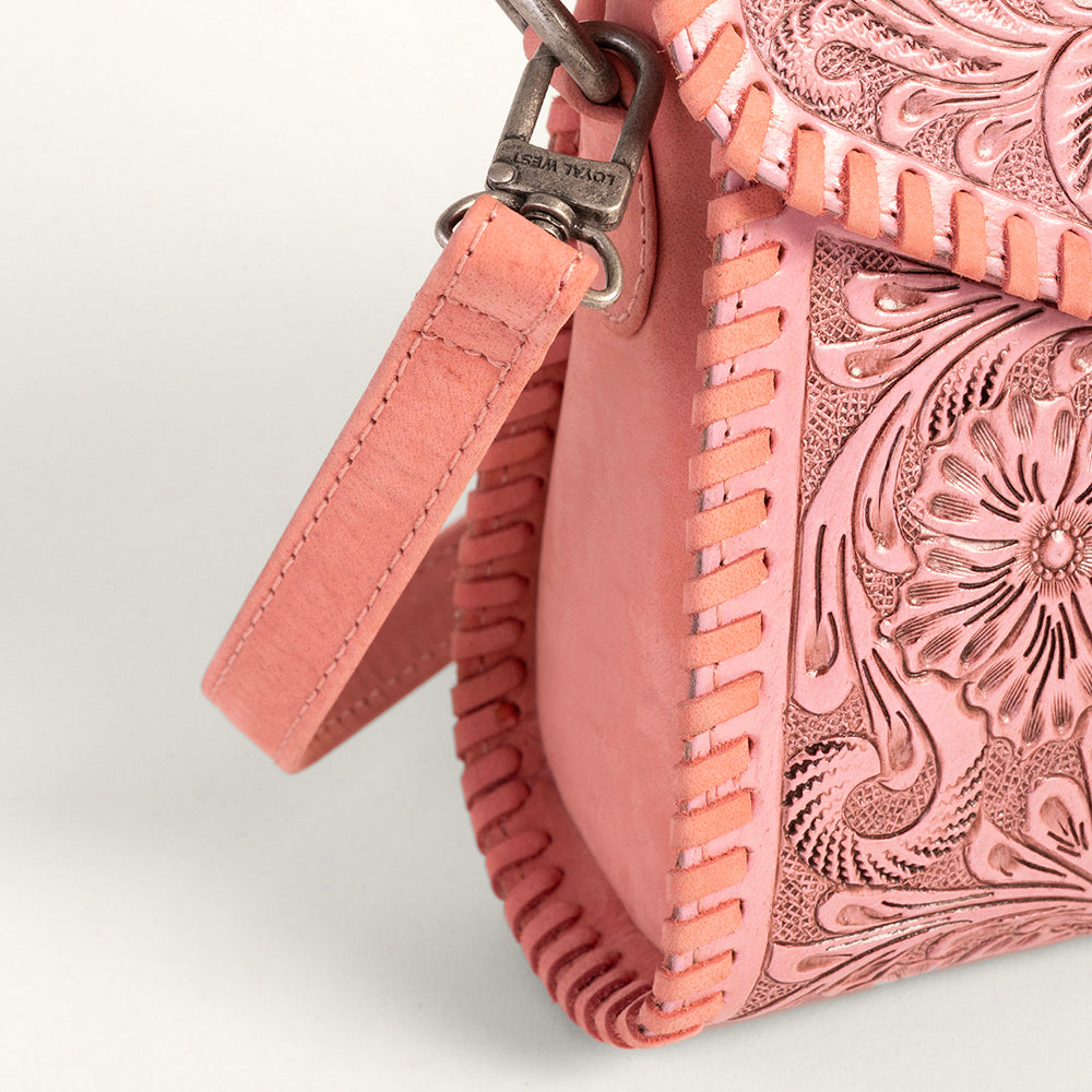Loyal West Leon Mini Handle Purse - Pink Handtooled Leather & Calfskin