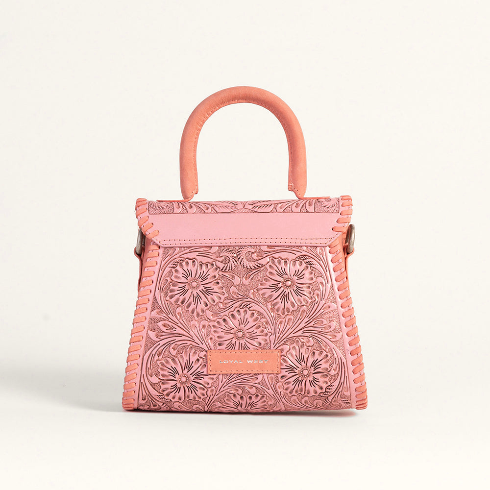 Loyal West Leon Mini Handle Purse - Pink Handtooled Leather & Calfskin