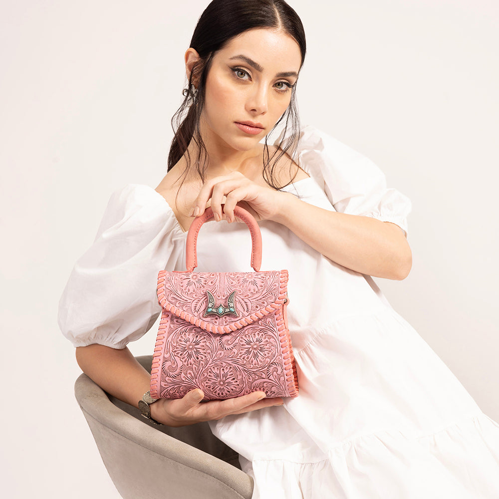Loyal West Leon Mini Handle Purse - Pink Handtooled Leather & Calfskin