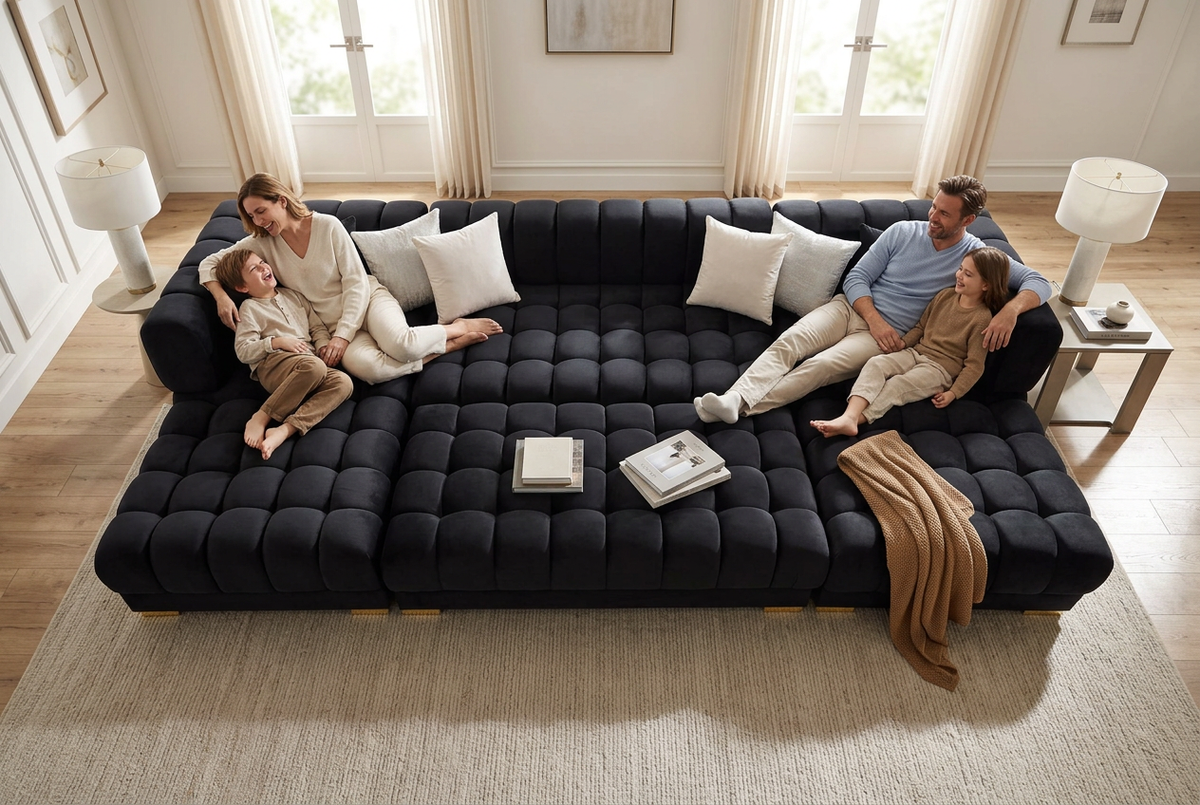 Lipa Black Velvet Double Chaise "U" Shape Sectional Sofa