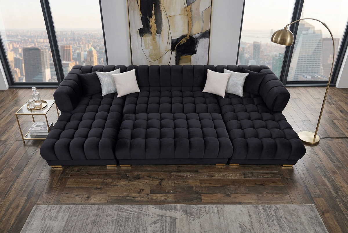 Lipa Black Velvet Double Chaise "U" Shape Sectional Sofa