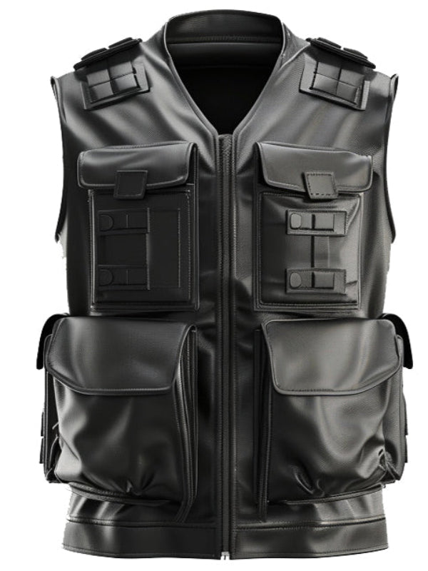 Men’s Black Military Leather Vest