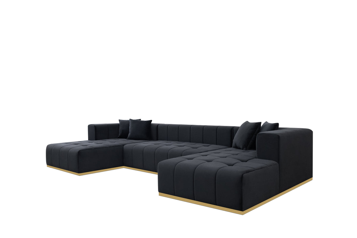Montecito Black Velvet Double Chaise "U" Shape Sectional Sofa