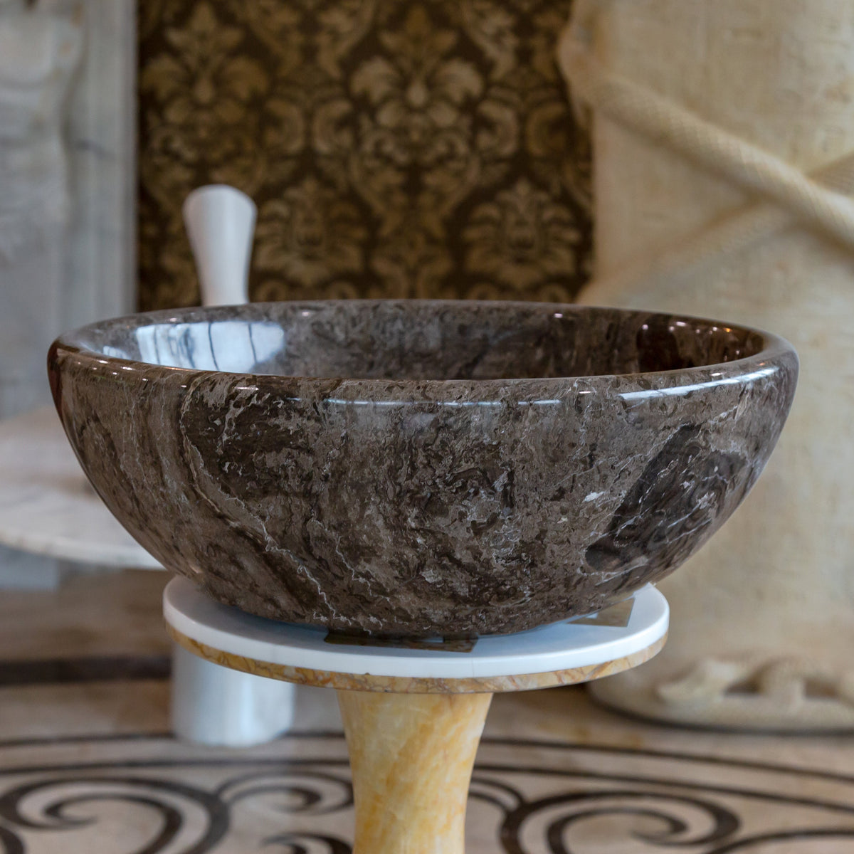 Narcist Brown Natural Stone Marble Vessel Sink High-Gloss Polished (D)16" (H)6"