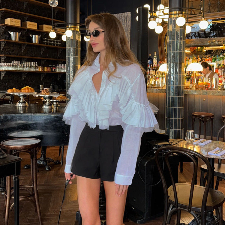 French Design Ruffled White Shirt Women Autumn Polo Collar Long Sleeve Office All Match Top