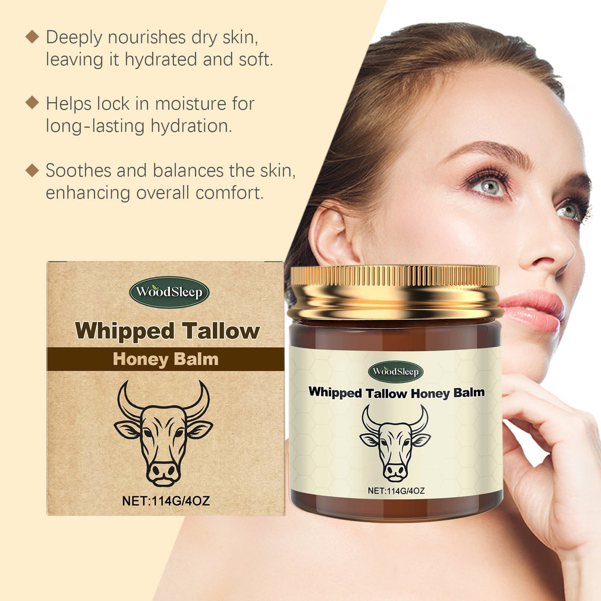 Whipped Grass Fed Beef Tallow Honey Balm Deep Hydration Face Cream Smooth Lightweight Moisturizing Nourishing Firming Skin Care