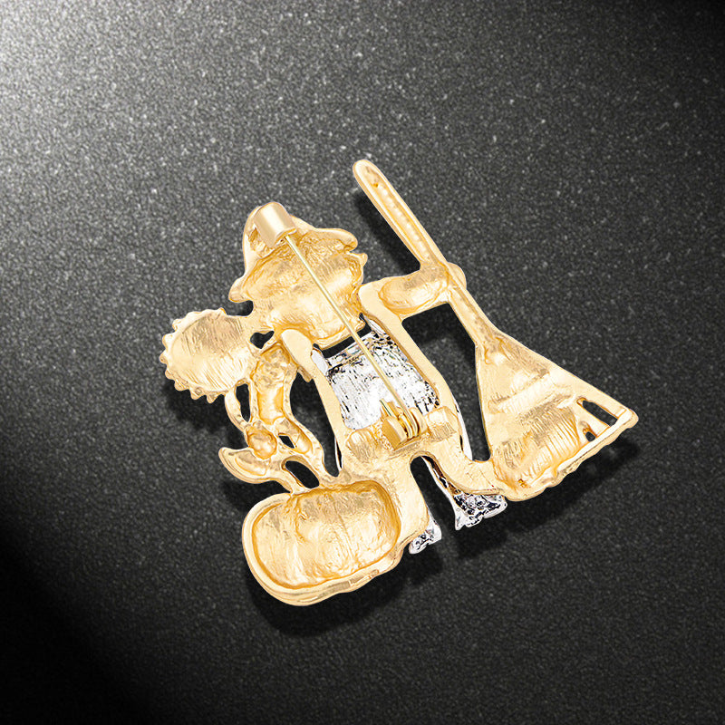 Halloween Cartoon Pumpkin Head Broom Brooch