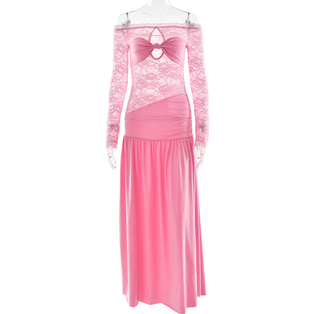 Summer Arrival off Neck Lace Maxi Dress Sexy High Split Pleated Dress for Women