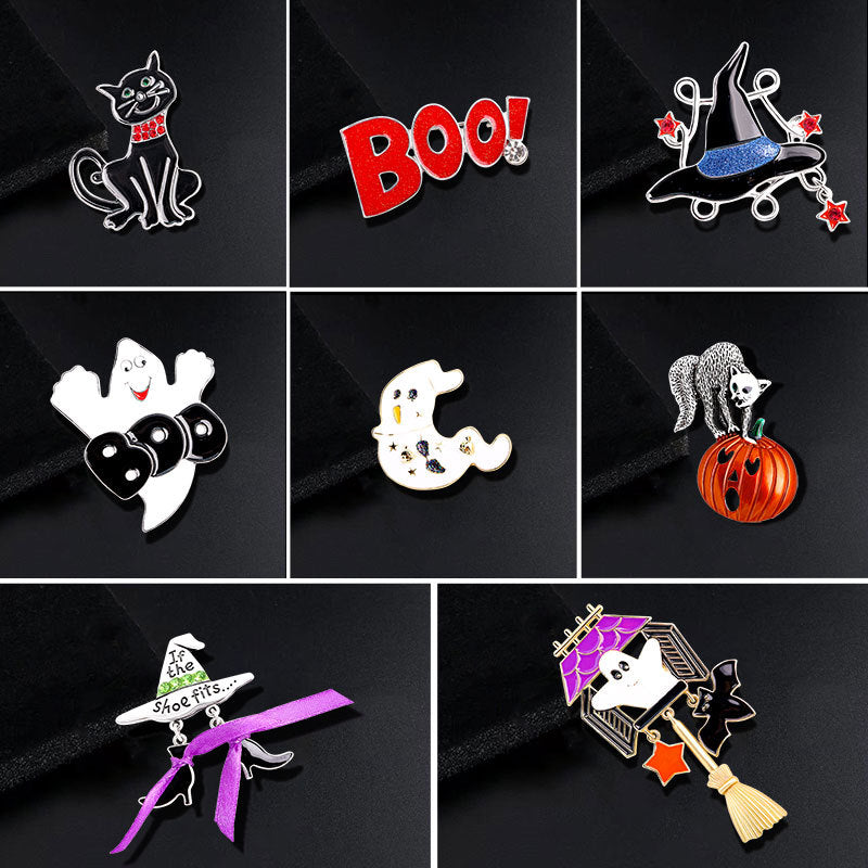 Halloween Cartoon Pumpkin Head Broom Brooch