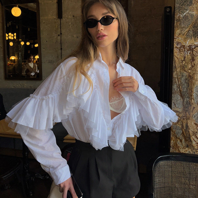 French Design Ruffled White Shirt Women Autumn Polo Collar Long Sleeve Office All Match Top