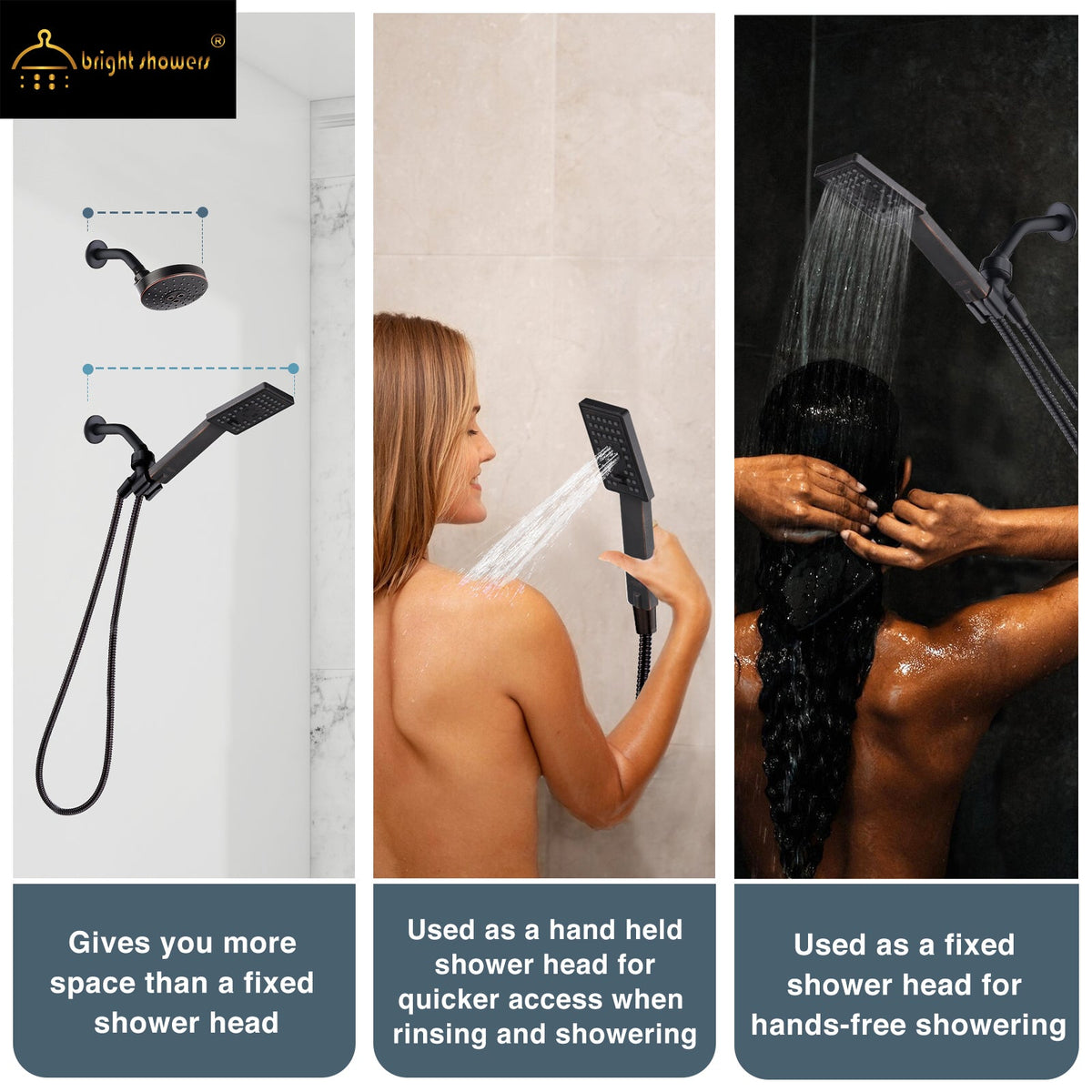 Square 3-Spray Handheld Shower Head Set with Hose and Shower Arm Mount Bracket